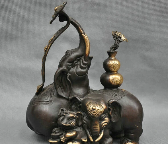 10'' China Folk Auspicious 3 Elephant Family Ruyi Yuanbao Gourd Bronze Statue R0712