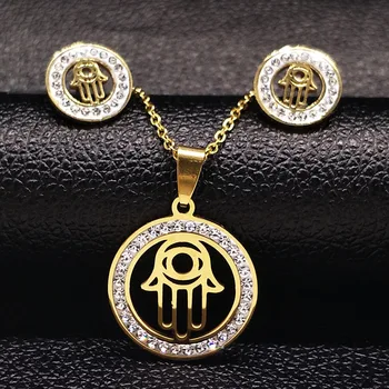2020 Gold Color Hamsa Hand Set Jewelry Women Crystal Stainless Steel Statement Necklace Earrings pendientes mujer moda S176193
2020 Gold Color Hamsa Hand Set Jewelry Women Crystal Stainless Steel Statement Necklace Earrings pendientes mujer moda S176193