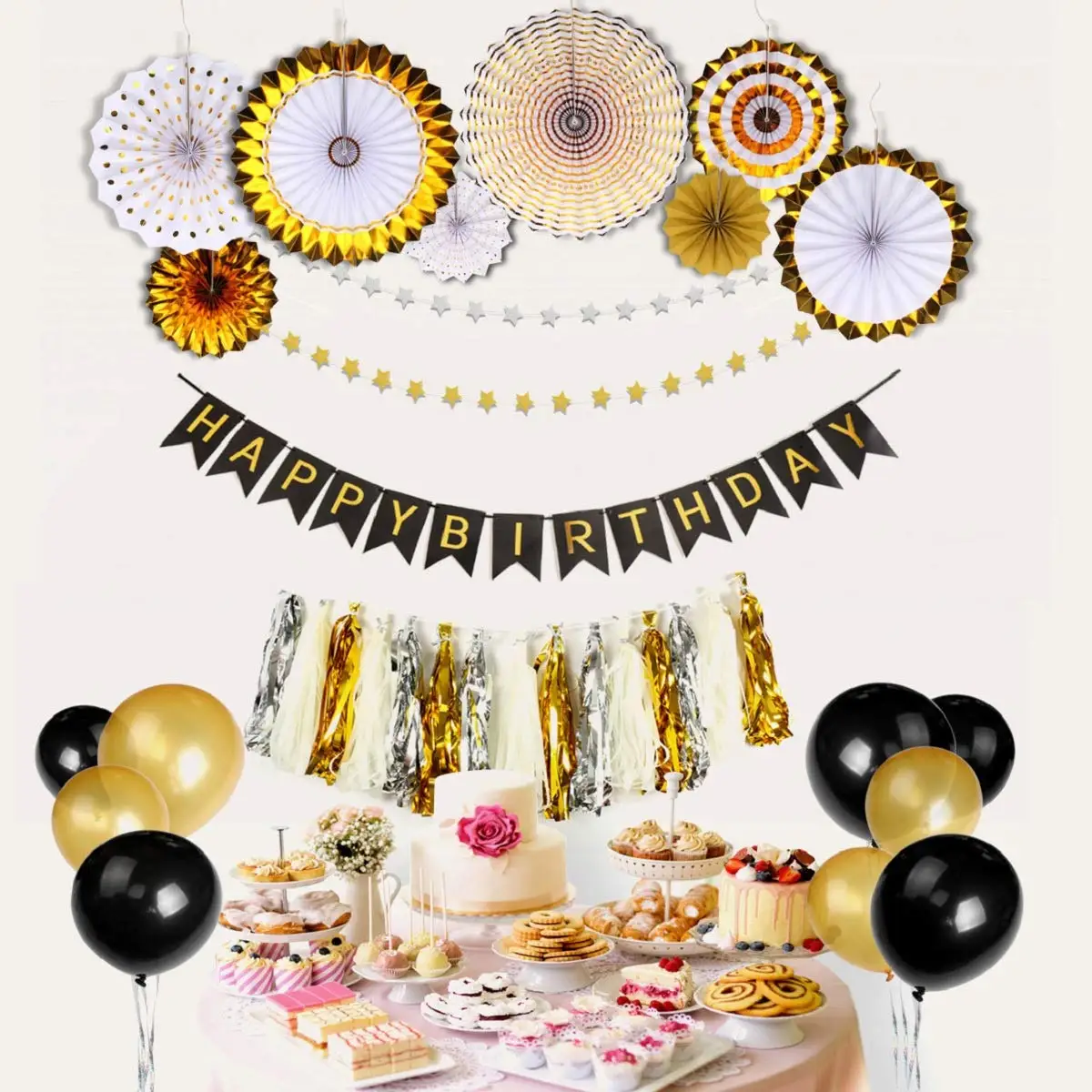 Eanjia Happy Birthday Party Gold Decorations Pack with Banner, Flower Fans, Tissue Tassels for Kids Boys Girls
Eanjia Happy Birthday Party Gold Decorations Pack with Banner, Flower Fans, Tissue Tassels for Kids Boys Girls