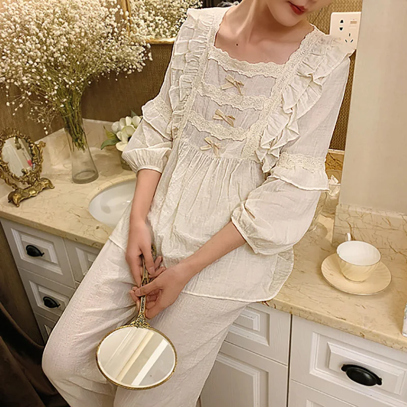 Women's Lolita Lace Pajama Sets.Cute Ruffles Tops+Long Pants.Vintage Ladies Cotton Pyjamas Set.Victorian Sleepwear Loungewear
Women's Lolita Lace Pajama Sets.Cute Ruffles Tops+Long Pants.Vintage Ladies Cotton Pyjamas Set.Victorian Sleepwear Loungewear