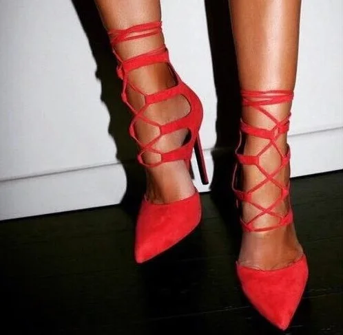 

Hot Selling Red Black Suede Pumps Women Shoes Pointed Toe Lace-up Hollow Ladies Shoes with Heel Cut-out Wedding Shoes Bride