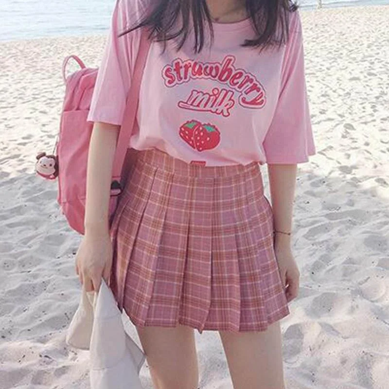 

hahayule Pink girl Series Strawberry Milk Graphic Summer Fashion 100% Cotton Casual Tops Korean Style Girl Funny Short Sleeves
