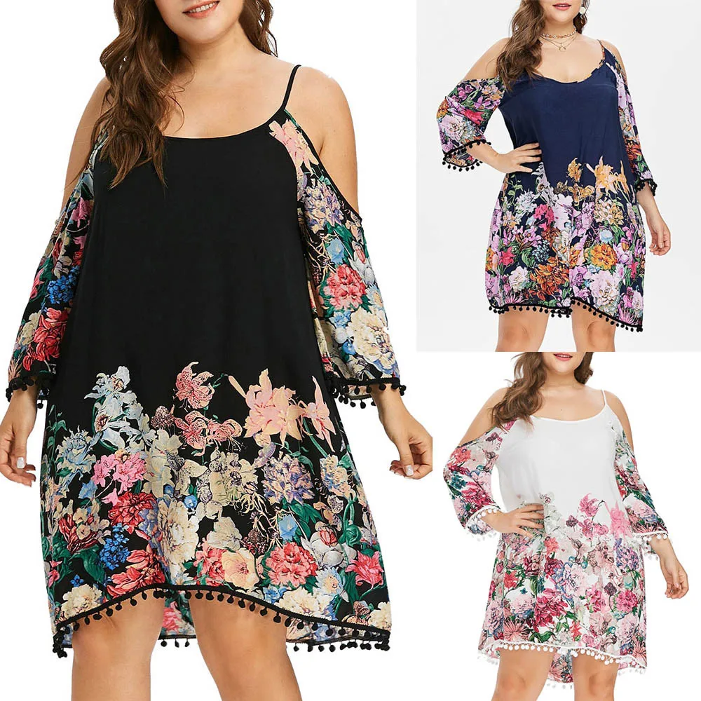 2019 Newly Casual Daily Fashion Women Plus Size Cold Shoulder Strapless Long Sleeve Flower Printed Above Knee Mini Dress 50 | Женская