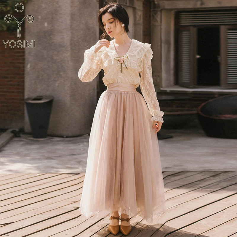 YOSIMI 2019 Summer Two Piece Sets Suit Women Dress Vintage Full Sleeve Beige Lace Shirt + Long Mesh Skirt Dress Women Skirt Set
YOSIMI 2019 Summer Two Piece Sets Suit Women Dress Vintage Full Sleeve Beige Lace Shirt + Long Mesh Skirt Dress Women Skirt Set