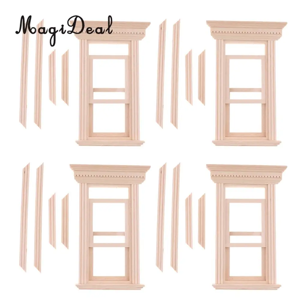 4 Set 1/12 Unpainted Wood Movable 2-Pane Sash Window & Frame & Glass Sheet Dolls House Room Fairy Garden Decor