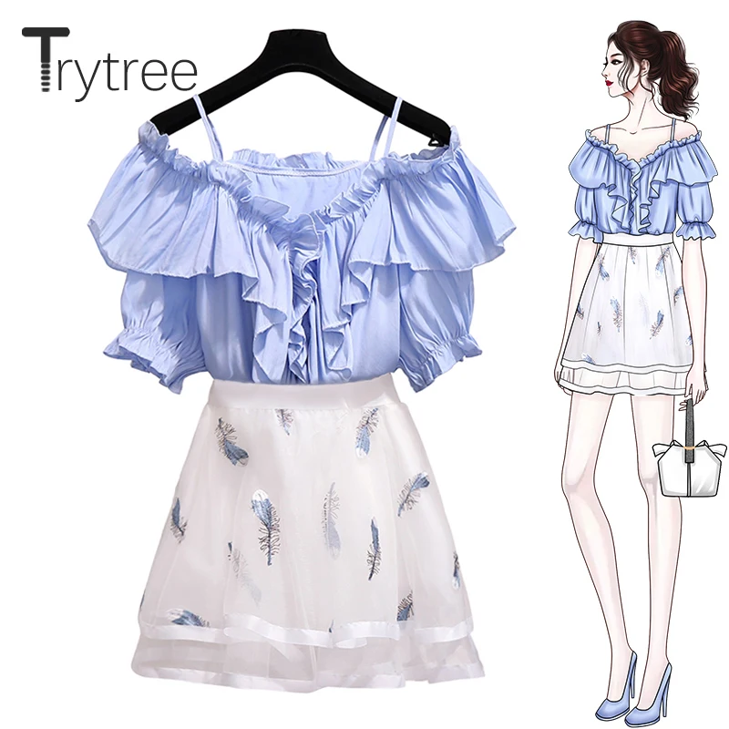 Trytree Summer Women Two Piece Set Slash Neck Ruffles Puff Sleeve Tops + Skirts Embroidery Feather Mini Suit Casual 2 Piece Set
Trytree Summer Women Two Piece Set Slash Neck Ruffles Puff Sleeve Tops + Skirts Embroidery Feather Mini Suit Casual 2 Piece Set