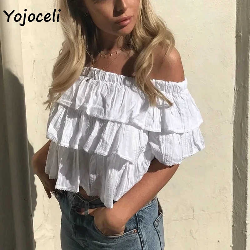 Yojoceli/милые Многослойные Блузы с рюшами рубашка открытыми плечами белые