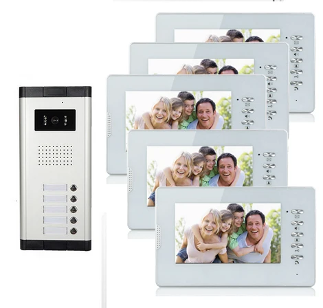 Видеодомофон XINSILU 7-дюймовый проводной дверной звонок для 5 квартир HD цветной