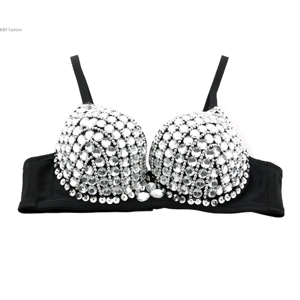 

Best price! Women Punk Belly Dance Bra Party Disco Bead Rhinestone Embellished Design Bra 2colors B/C cup 36