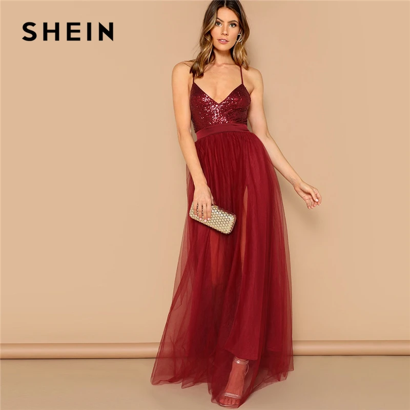 

SHEIN Sexy Burgundy Crisscross Open Back Sequin Patched Strappy Long Dress Women Summer Solid Fit and Flare Mesh Party Dresses