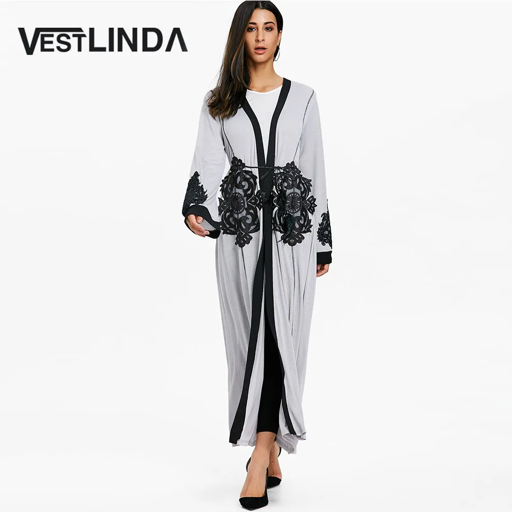 

VESTLINDA Open Front Lace Insert Maxi Coat Trench Women Casual Fashion Long Coats Tops Spring Ladies Outwear Patchwork Overcoat