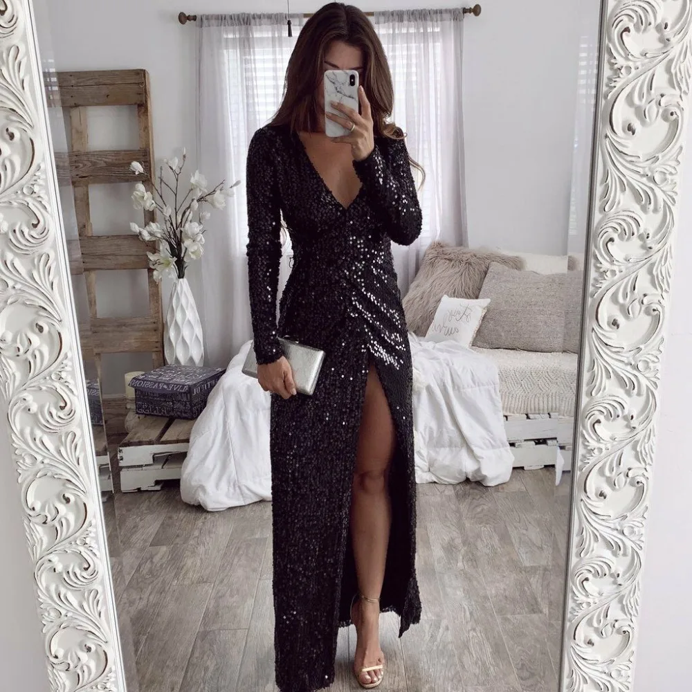 0701-2XL Women Sequins High Slit Deep V-Neck Cocktail Evening Party Maxi Dress Prom