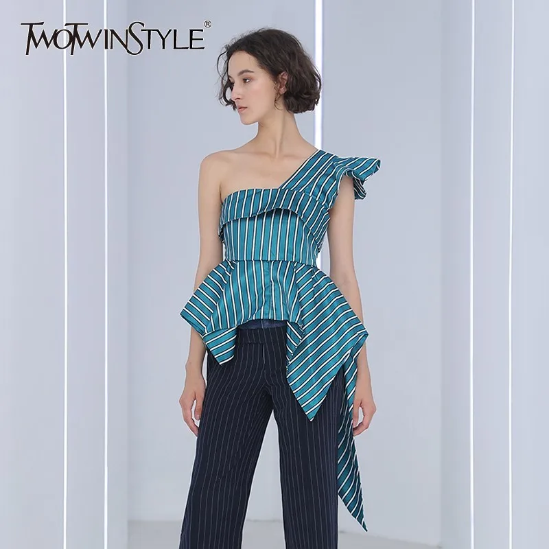 TWOTWINSTYLE Striped Shirt Off Shoulder Irregular Patchwork Ruffles Backless Tunic High Waist Blouse Summer 2019 Tops Clothing
TWOTWINSTYLE Striped Shirt Off Shoulder Irregular Patchwork Ruffles Backless Tunic High Waist Blouse Summer 2019 Tops Clothing