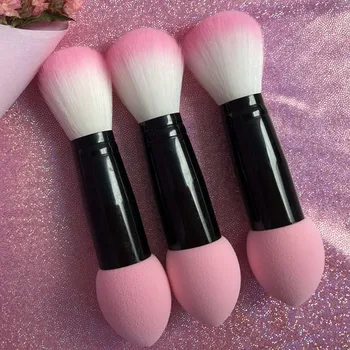 1pc Professional blusher brush 2 heads Nylon Make up Brushes Two Head Metal Cosmetic Tools with Sponge Pink Color drop shipping