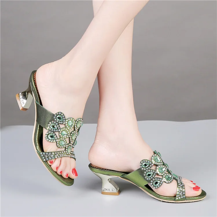 2016 New Diamond Sandals Green Cheap Chunky High Heels Best Luxury Casual Shoes Ladies Leather Slippers5