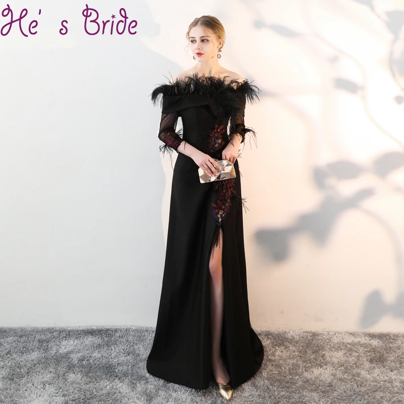 Evening Dress Elegant Black Boat Neck 3/4 Sleeves Zipper A Line Sweep Train Split Satin Lace Feather Sequines Party Prom Dress
Evening Dress Elegant Black Boat Neck 3/4 Sleeves Zipper A Line Sweep Train Split Satin Lace Feather Sequines Party Prom Dress