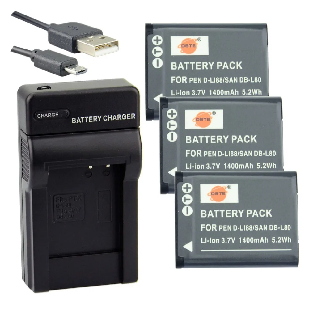 DSTE 3pcs D-LI88/DB-L80 Li-ion Battery with USB Charger for Pentax Optio H90 P70 P80 W90 WS80
DSTE 3pcs D-LI88/DB-L80 Li-ion Battery with USB Charger for Pentax Optio H90 P70 P80 W90 WS80