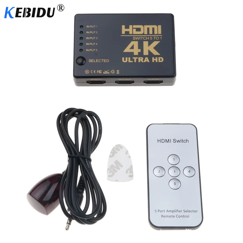 

kebidu 4K*2K HDMI Switcher HDTV 1080p 5-Port 3-Port input to 1 Switch Selector Splitter Hub with IR Remote 3D for PS3 Xbox 360