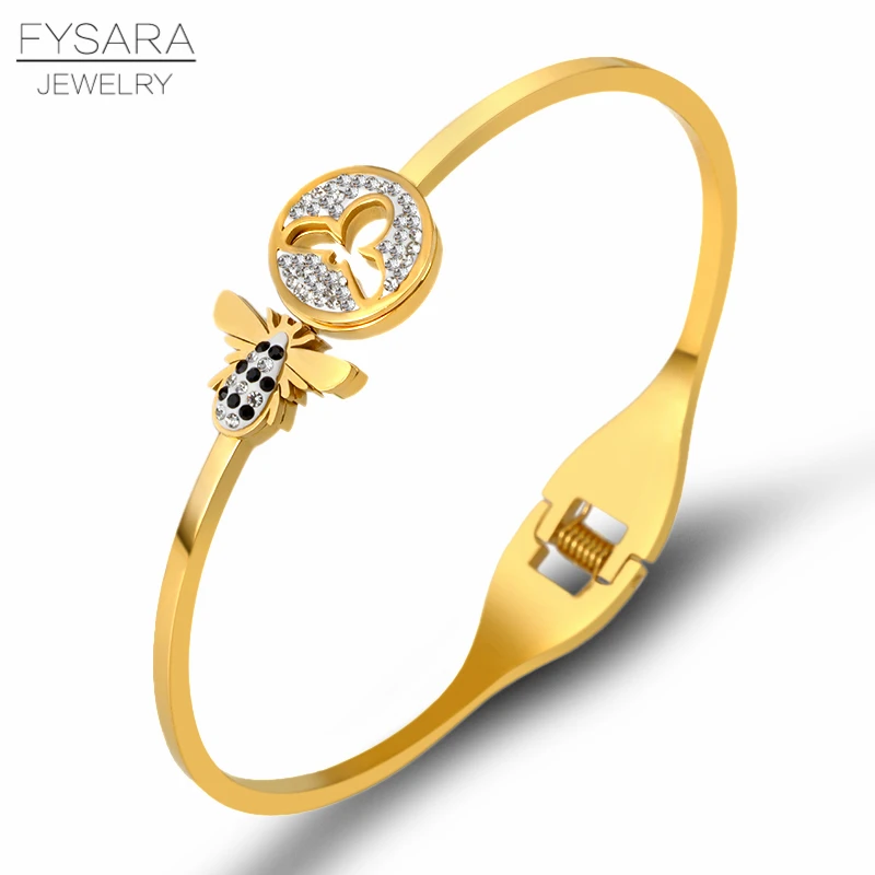 FYSARA Classic Insect Design Bees Crystals Bangle Bracelet for Women Stainless Steel Gold Color Cuff Bracelets Famous Jewelry | Украшения и