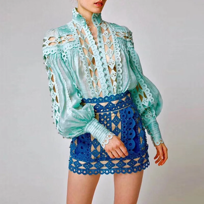 Women Sexy hollow out lantern sleeves Shirts New 2019 summer beanding stand collar loose Shirt A741
Women Sexy hollow out lantern sleeves Shirts New 2019 summer beanding stand collar loose Shirt A741