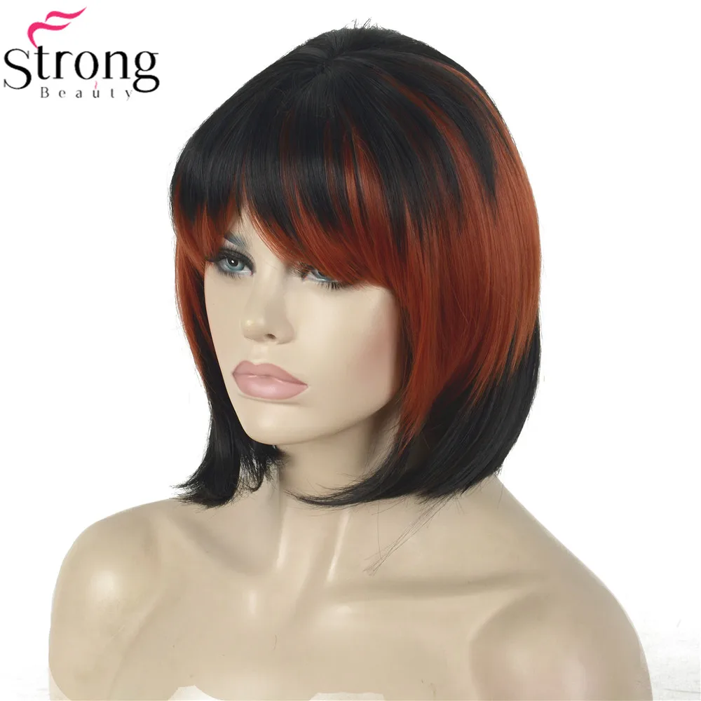 

StrongBeauty Cosplay Wig Red/Black Mix Neat Bang Bob Haircut Women's Synthetic Wig