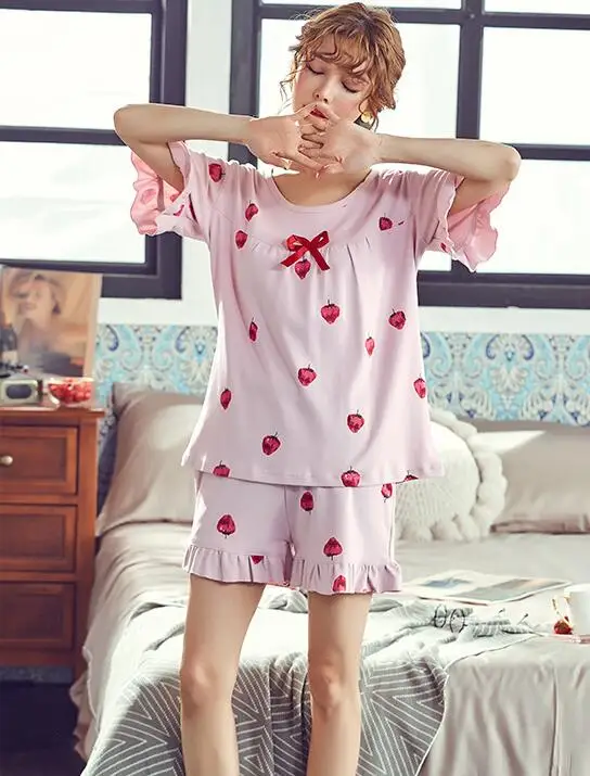 Ribbon Bow Lace Pleated Ruffle Plus Size 4XL Strawberry Print Sweet Korean Home Sleep Cotton 2 Piece Short Tee Shirt Top Pajamas
Ribbon Bow Lace Pleated Ruffle Plus Size 4XL Strawberry Print Sweet Korean Home Sleep Cotton 2 Piece Short Tee Shirt Top Pajamas