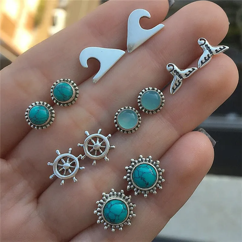 6 Pairs of Earrings Set New Navy Series Fishtail Rudder Cobblestone Blue Resin Drill Bohemian Vintage Jewelry
6 Pairs of Earrings Set New Navy Series Fishtail Rudder Cobblestone Blue Resin Drill Bohemian Vintage Jewelry