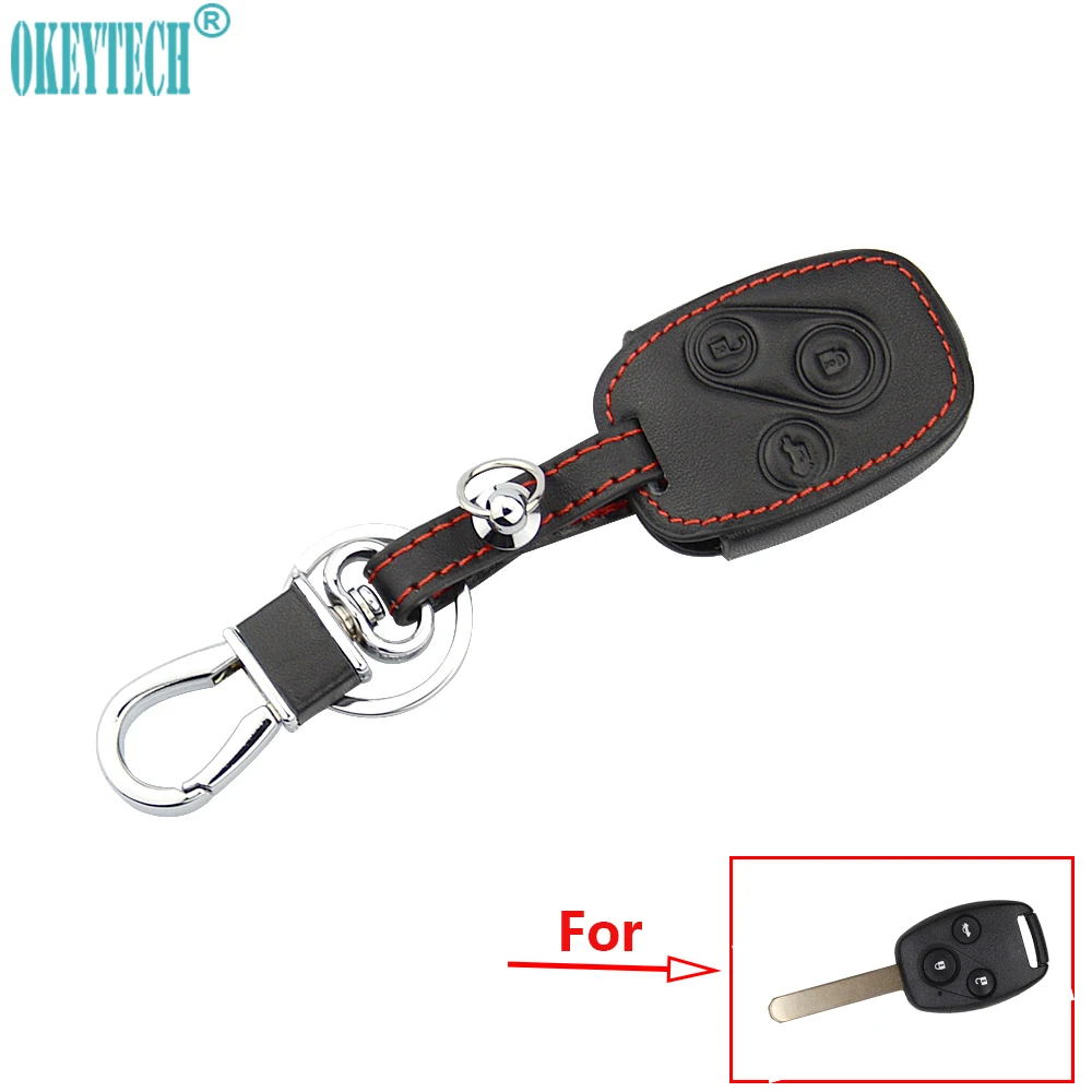 OkeyTeach High quality Leather key chain ring cover case holder car styling For Honda CR-V Fit Pilot Honda Accord Civic 3 button
