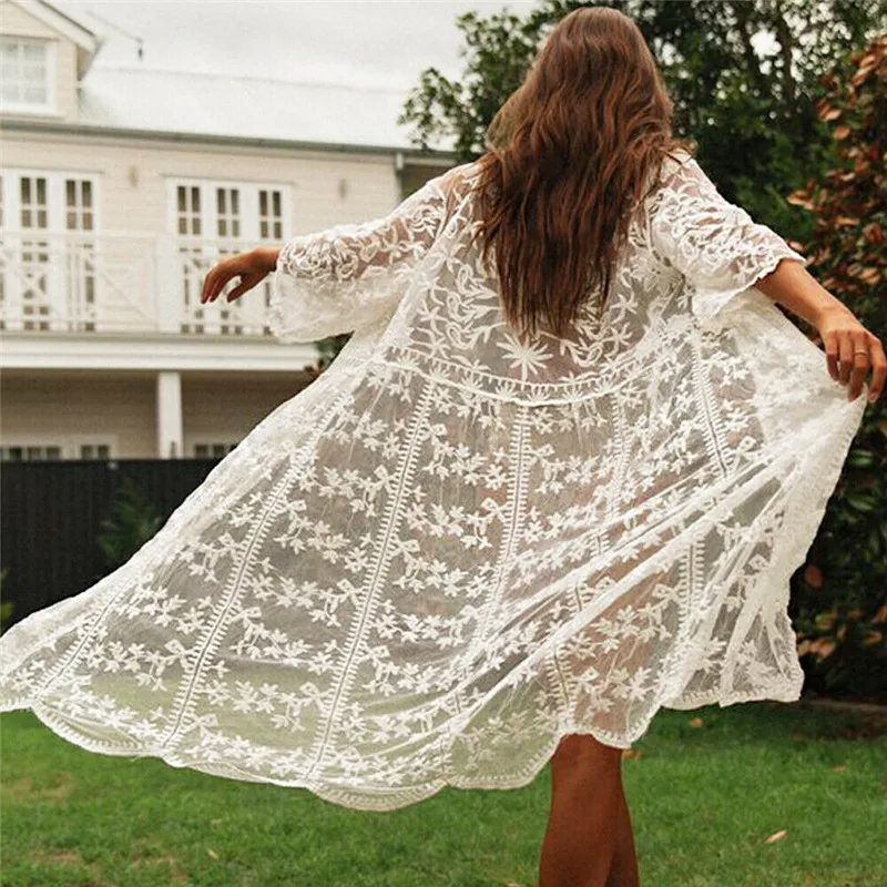 Women Sexy Lace Bikini Cover up Elegant Beach Dress Flroal Kimono Cardigan Mesh tunic kaftan Ladies Transparent White Beachwear
Women Sexy Lace Bikini Cover up Elegant Beach Dress Flroal Kimono Cardigan Mesh tunic kaftan Ladies Transparent White Beachwear