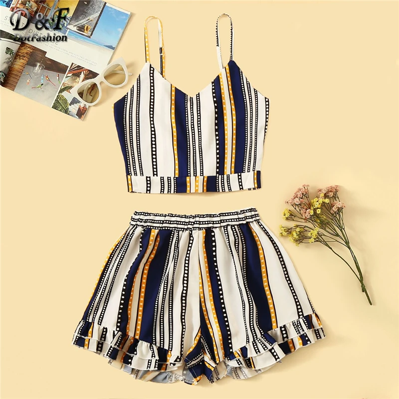 

Dotfashion Striped Knot Back Cami Top With Shorts 2 Piece Set Women 2019 Summer Boho Sleeveless Wide Leg Two Piece Set Outfits