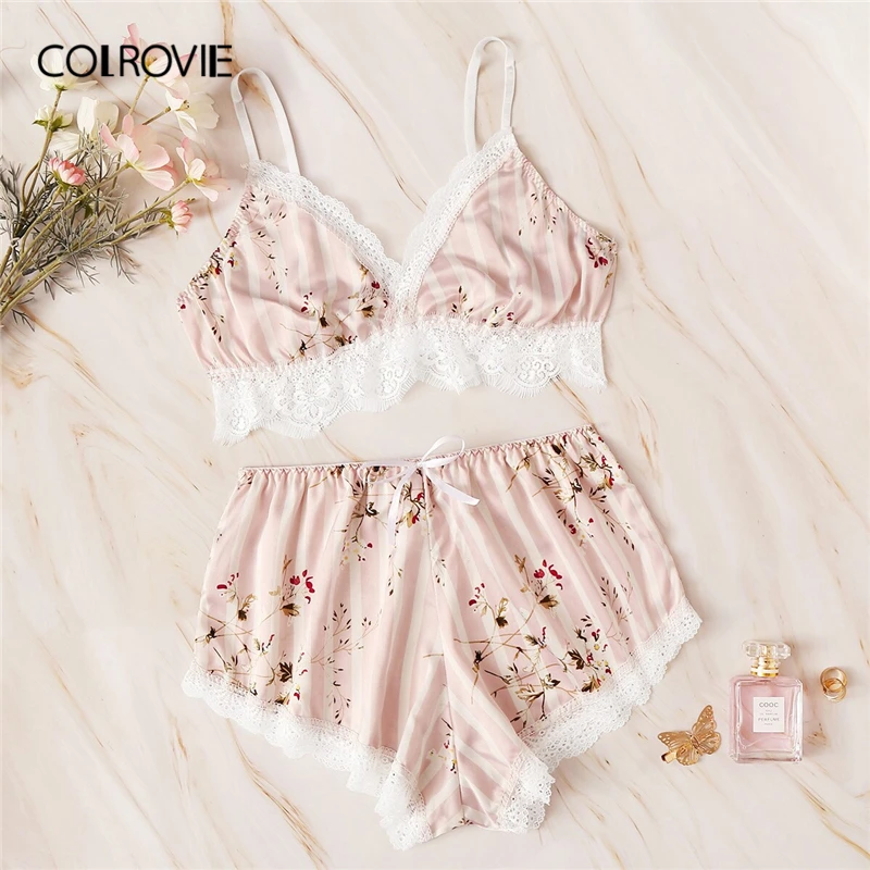 COLROVIE Pink Floral Print Lace Striped Satin Lingerie Set Sexy Pajama Set Women 2019 Summer Bra And Briefs Female Sleepwear
COLROVIE Pink Floral Print Lace Striped Satin Lingerie Set Sexy Pajama Set Women 2019 Summer Bra And Briefs Female Sleepwear