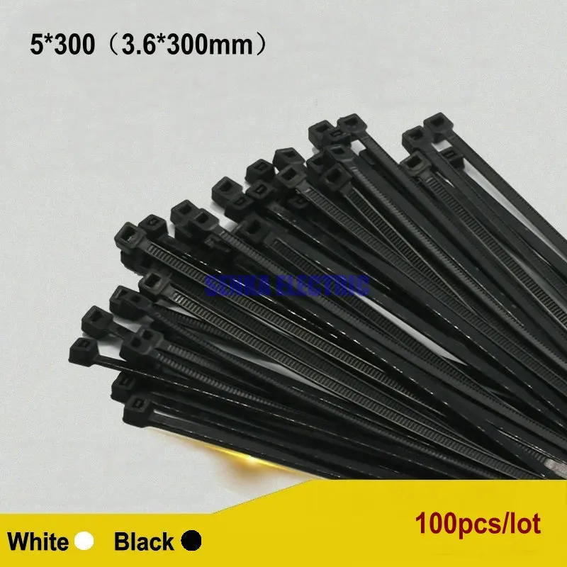 

250pcs/lot 5*300 3.6*300mm Nylon Wrap Fastening Cable Tie Black White Organiser Wire Zip Tie