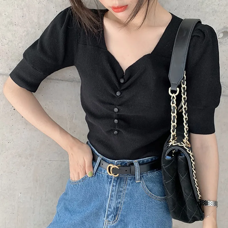 Women Short Sleeve Knitted T Shirt Fashion V Neck Striped Slim T-Shirt Fashion Female Crop Top
Women Short Sleeve Knitted T Shirt Fashion V Neck Striped Slim T-Shirt Fashion Female Crop Top