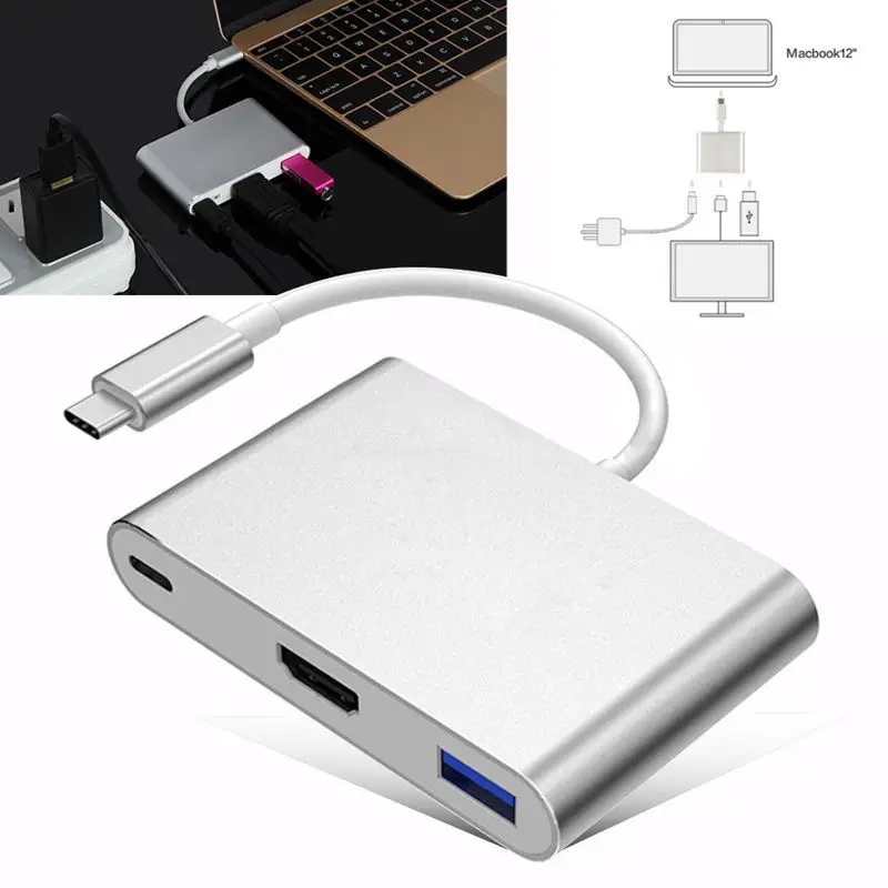 New Type C USB 3.1 to USB-C 4K HDMI USB 3.0 Adapter 3 in 1 Hub For Macbook Pro