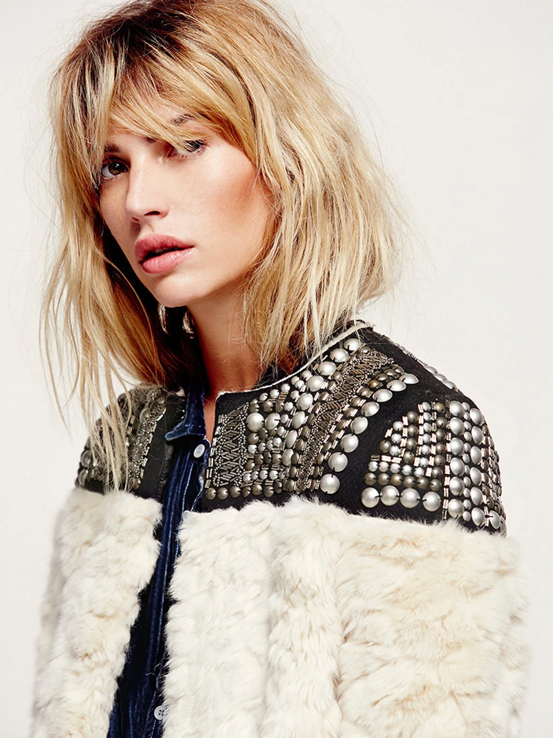 Viyana - Winter Fall Women Warm Faux Fur Coat Handmade Beading Rivet Long Sleeve Boho Style Outwear Jacket Viyana - Winter Fall Women Warm Faux Fur Coat Handmade Beading Rivet Long Sleeve Boho Style Outwear Jacket