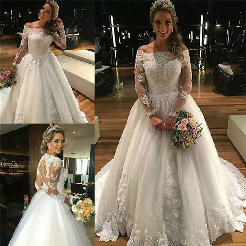 Appliqued Off The Shoulder Muslim A Line Wedding Dress Graceful Long Sleeves White Lace Arabic Bridal Dress Chapel Train
Appliqued Off The Shoulder Muslim A Line Wedding Dress Graceful Long Sleeves White Lace Arabic Bridal Dress Chapel Train