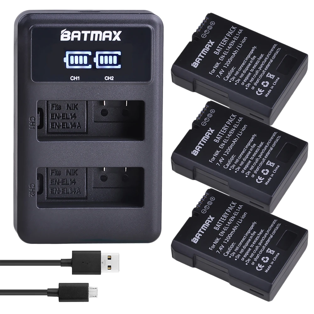 Batmax 3pcs EN-EL14 EN EL14a EL14 Camera Battery+LED Dual USB Charger for Nikon P7800 P7000 D5500 D5300 D5200 D3300 D5600 D3400 |