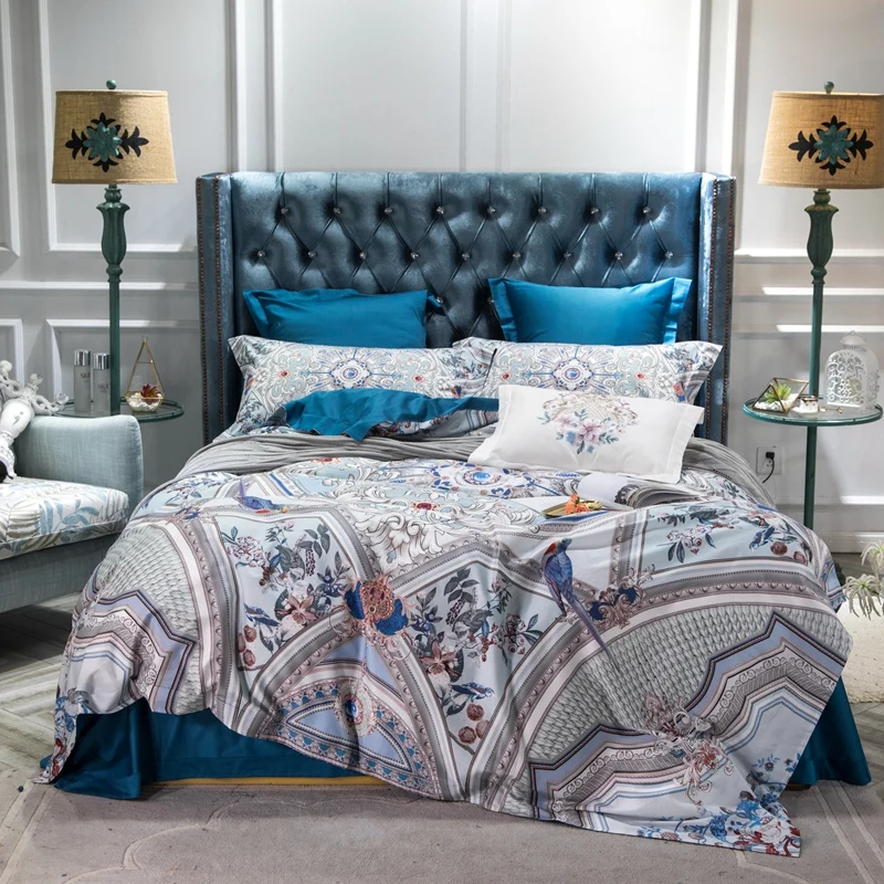 Diamonds Birds Bright Navy Duvet Cover Luxury Egyptian Cotton