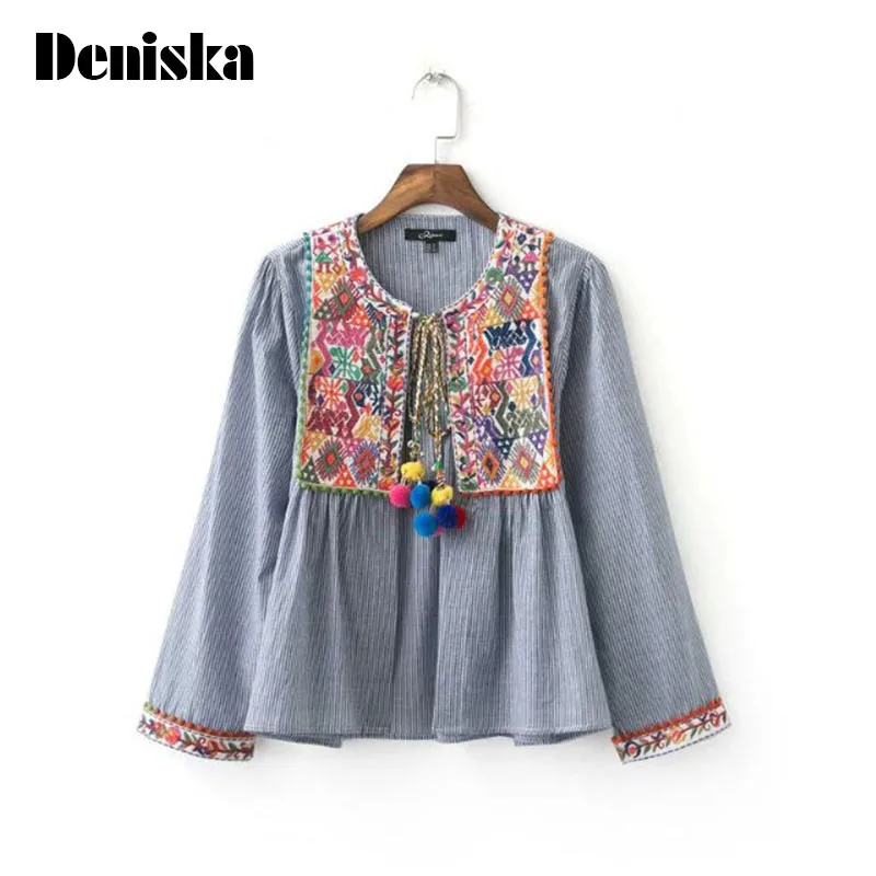 Дениска Винтаж Boho Вышивка Женщины куртка Vintage свободные Ретро плиссированные