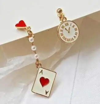 

Gold Red Peach Alice Dream Clock Dangle Earrings Poker Card Asymmetrical Earring Long Created Pearl Fashion Jewelry