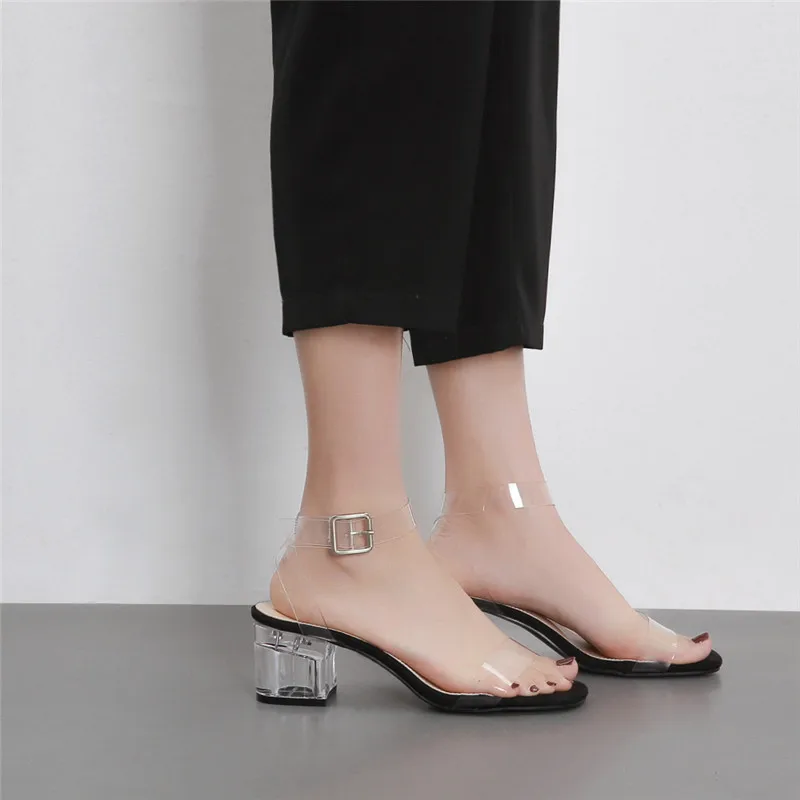 

2019 Women Summer 6cm Mid Heels Sandals Transparent Chunky Peep-Toe Pumps Female Casual Almond Toe Black And Apricot Sandals