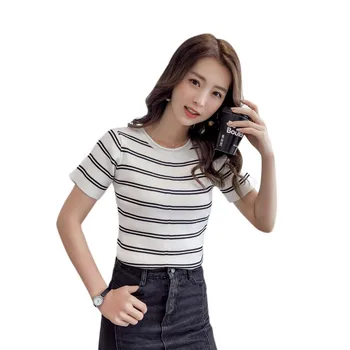 New 2018 Striped Knit Basic T-shirt Women Black White Red Pink Crop Top O-neck Casual Shirt Korean Fashion Shirts Femme W1
New 2018 Striped Knit Basic T-shirt Women Black White Red Pink Crop Top O-neck Casual Shirt Korean Fashion Shirts Femme W1