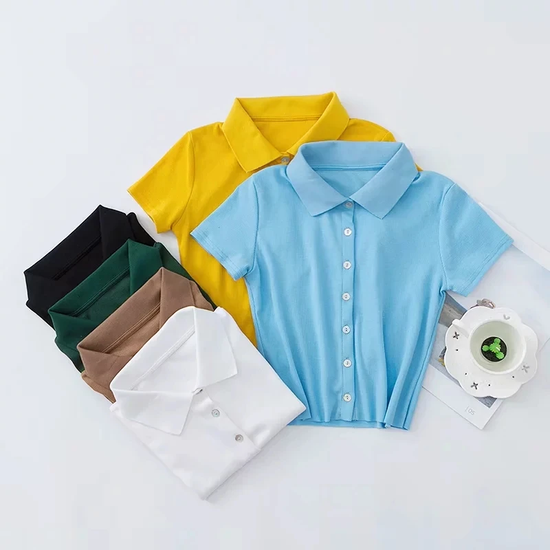 2019 Summer Casual Tee Women Polo collar front single-breasted Cotton knit short sleeve shirt slim women Crop Tops T-shirt
2019 Summer Casual Tee Women Polo collar front single-breasted Cotton knit short sleeve shirt slim women Crop Tops T-shirt