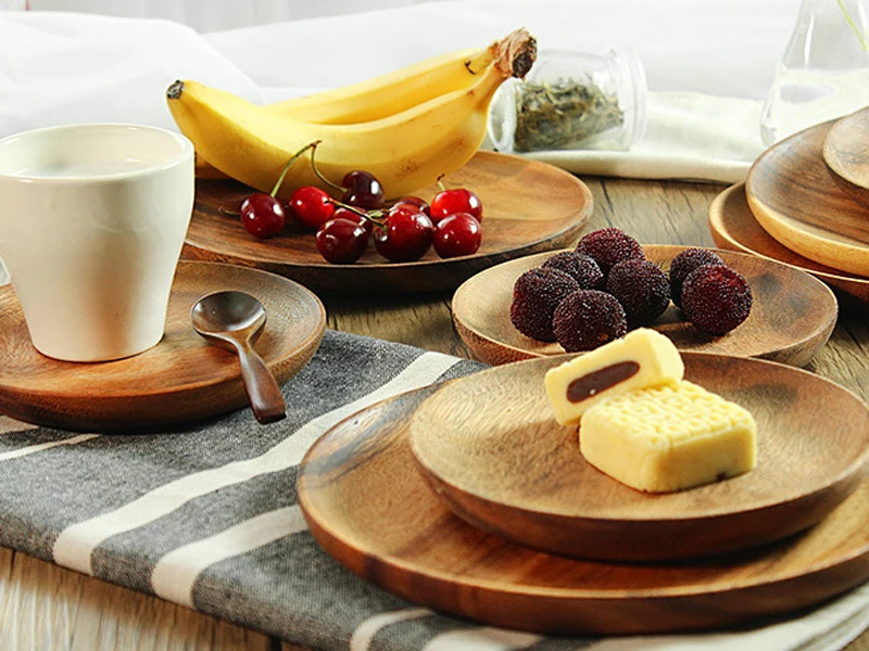 Round Wooden Plates High Quality Acacia Wood Serving Tray Cake Dishes Tableware Plate for Dessert Salad 2 Sizes Wood Utensils (8)