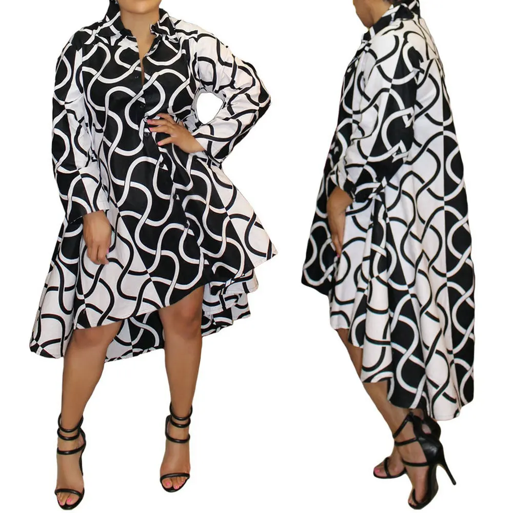 Women Long Sleeve Turn down Collar Loose Black White Geometric Printed Shirt Dress A-line
Women Long Sleeve Turn down Collar Loose Black White Geometric Printed Shirt Dress A-line