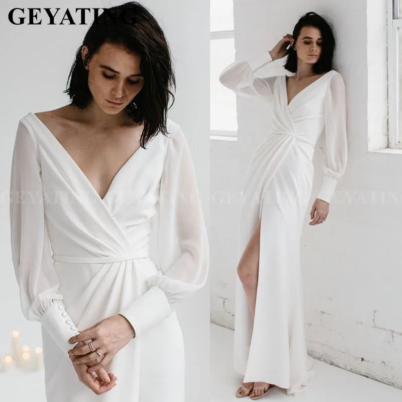 Sexy V-Neck Backless Side Split Beach Wedding Dress 2019 Long Sleeves Simple Satin Wedding Gowns Country Bohemian Bridal Dresses
Sexy V-Neck Backless Side Split Beach Wedding Dress 2019 Long Sleeves Simple Satin Wedding Gowns Country Bohemian Bridal Dresses