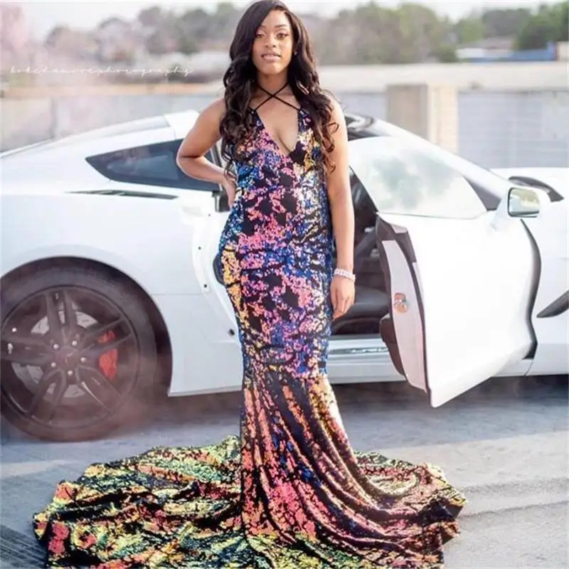 Sequin Long Mermaid Prom Dresses New Sleeveless Sweep Strain V Neck Black Girl Formal Evening Party Gowns 
Sequin Long Mermaid Prom Dresses New Sleeveless Sweep Strain V Neck Black Girl Formal Evening Party Gowns