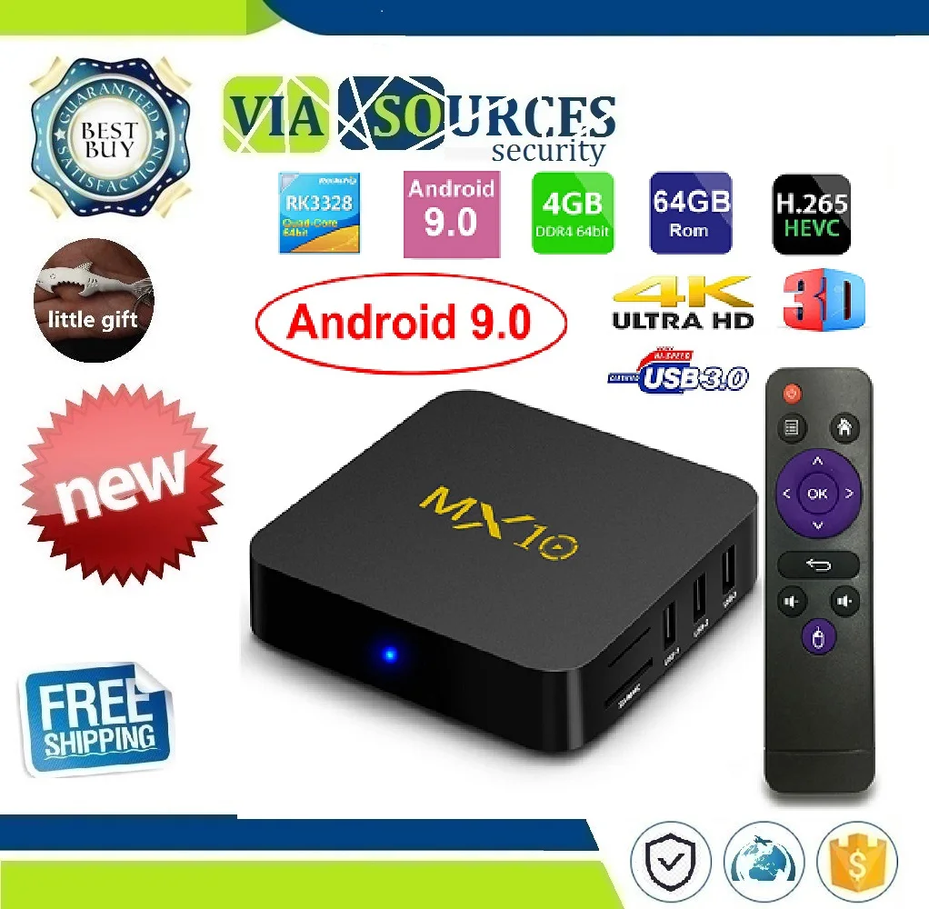 

MX10 Smart TV BOX Android 9.0 Rockchip RK3328 DDR4 4GB Ram 64GB Rom IPTV Smart Set-top Box 4K USB 3.0 HDR H.265 Media Player Box