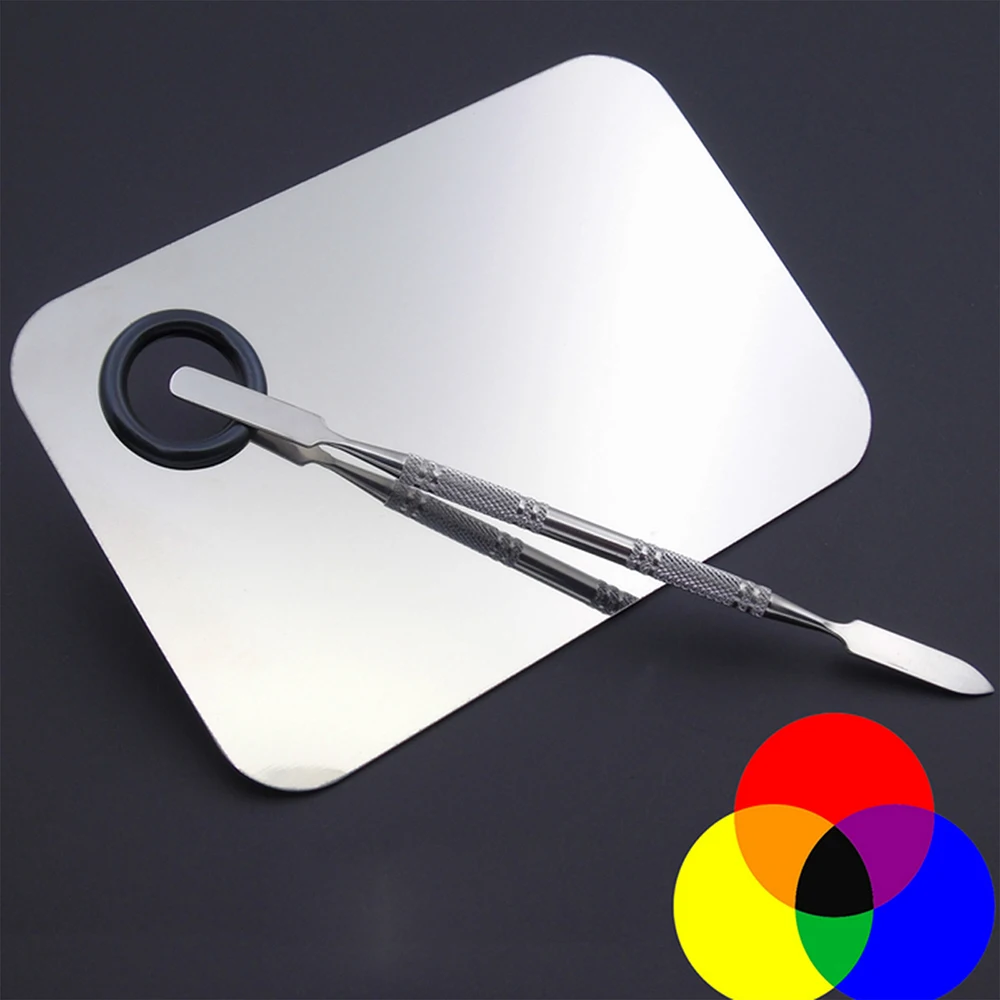 Stainless Steel Makeup Mixer Nail Art Polish Mixing Plate Foundation Eyeshadow Eye Shadow Mixing Palette With Spatula Rod Tool  (4)