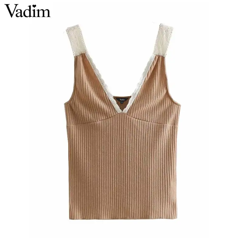 Vadim sexy V neck lace patchwork knitted camis solid sleeveless backless shirt female casual Khaki chic blouse WA239
Vadim sexy V neck lace patchwork knitted camis solid sleeveless backless shirt female casual Khaki chic blouse WA239